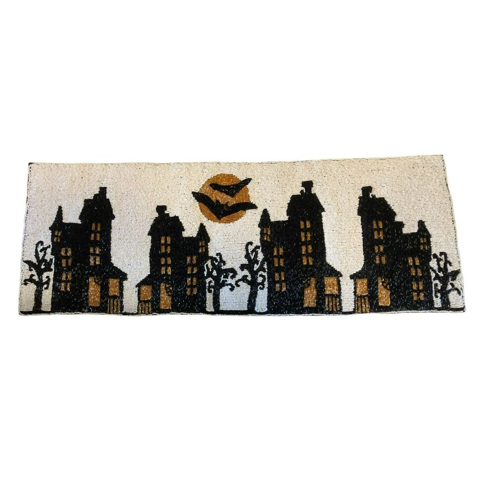 Tahari Home Halloween Haunted House Table Runner 13"x36" Beaded Decor